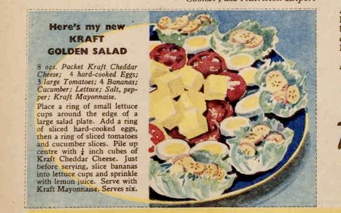 Vintage recipe card clipped from a mid-century magazine featuring Kraft Golden Salad, a nostalgic retro comfort food dish.