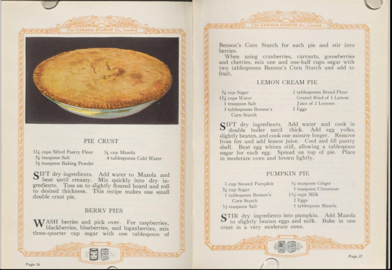 A vintage pie crust and filling trio from the 1933 Edwardsburg Recipe Book: classic berry, lemon cream, and pumpkin pies with nostalgic Canadian origins.