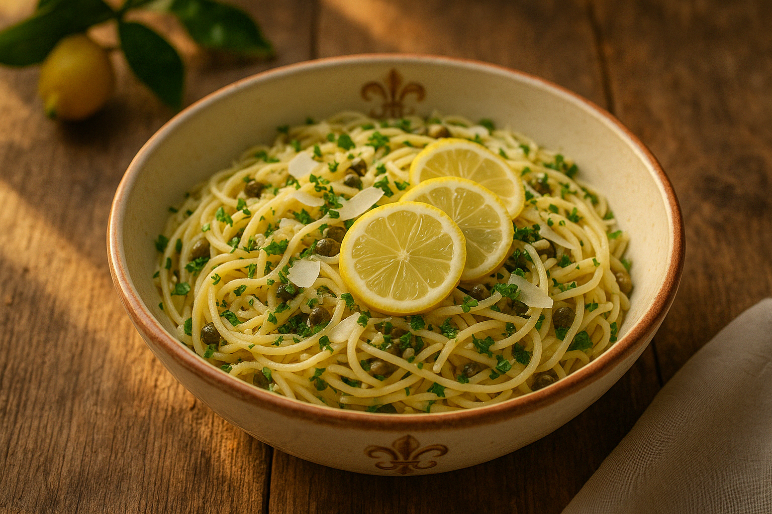 A chilled angel hair pasta salad with lemon zest, fennel, parsley, and capers, served on a white plate.