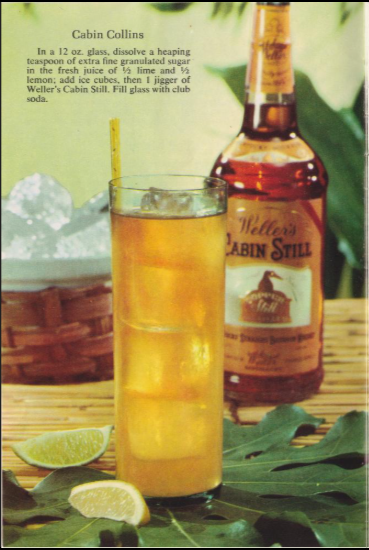 A 1961 bourbon cocktail called the Cabin Collins, served in a tall glass with ice and citrus, from a vintage patio luau-themed booklet by Weller’s Cabin Still.