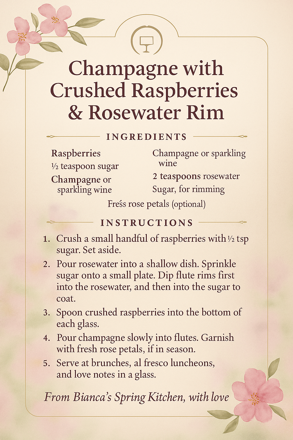 Champagne with raspberries and rosewater in a sugared flute