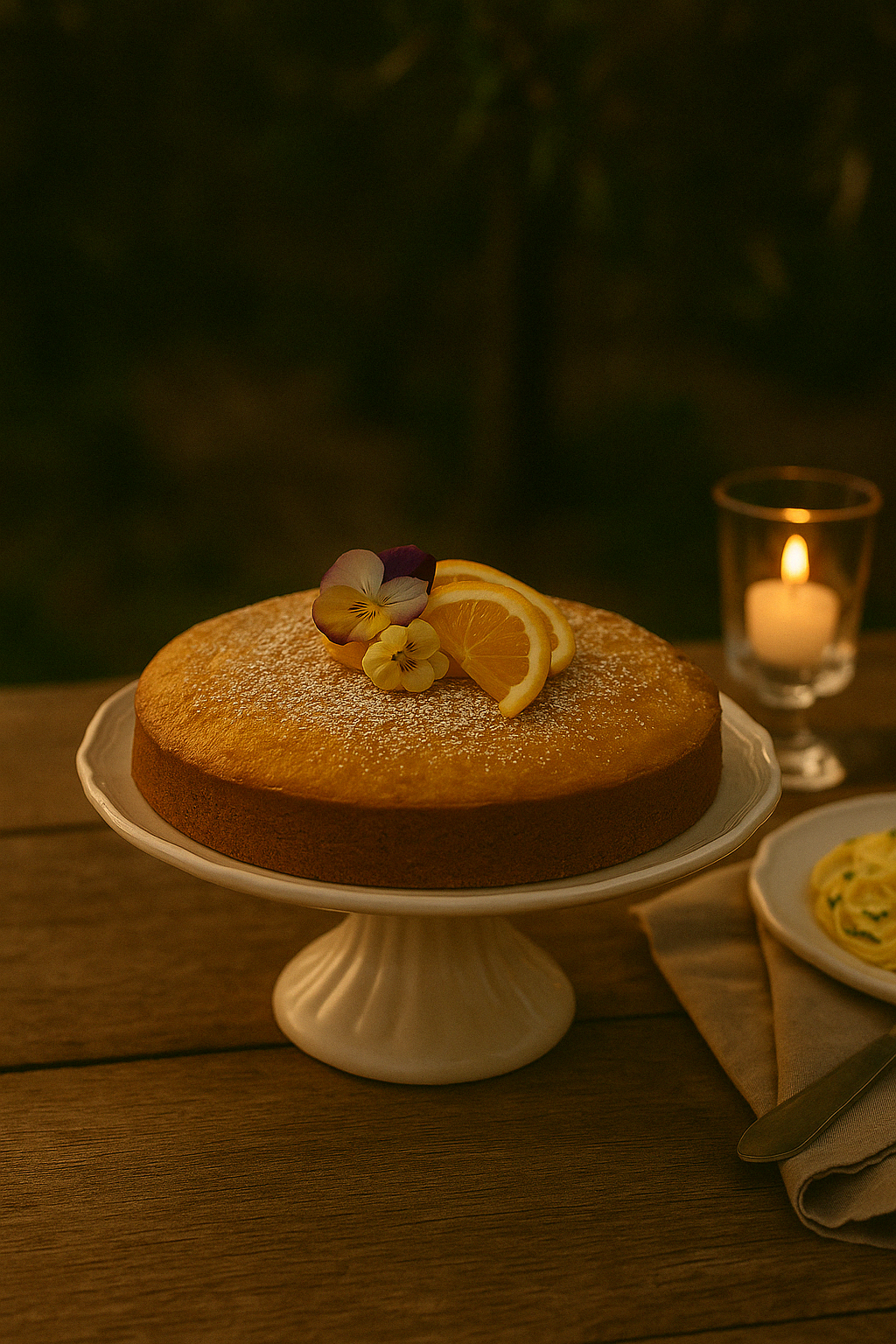 A delicate golden-orange olive oil cake made with almonds, citrus zest, and a subtle glaze, inspired by Provençal flavors.