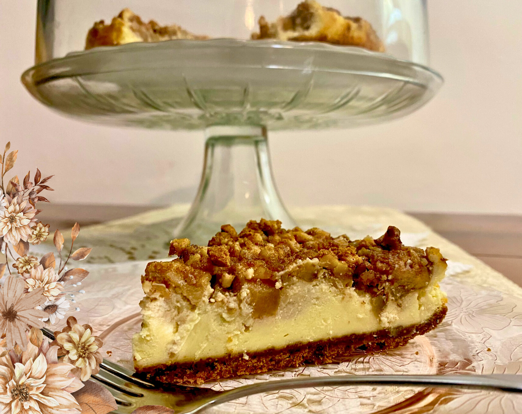 Earl Grey cheesecake with poached apples and walnuts