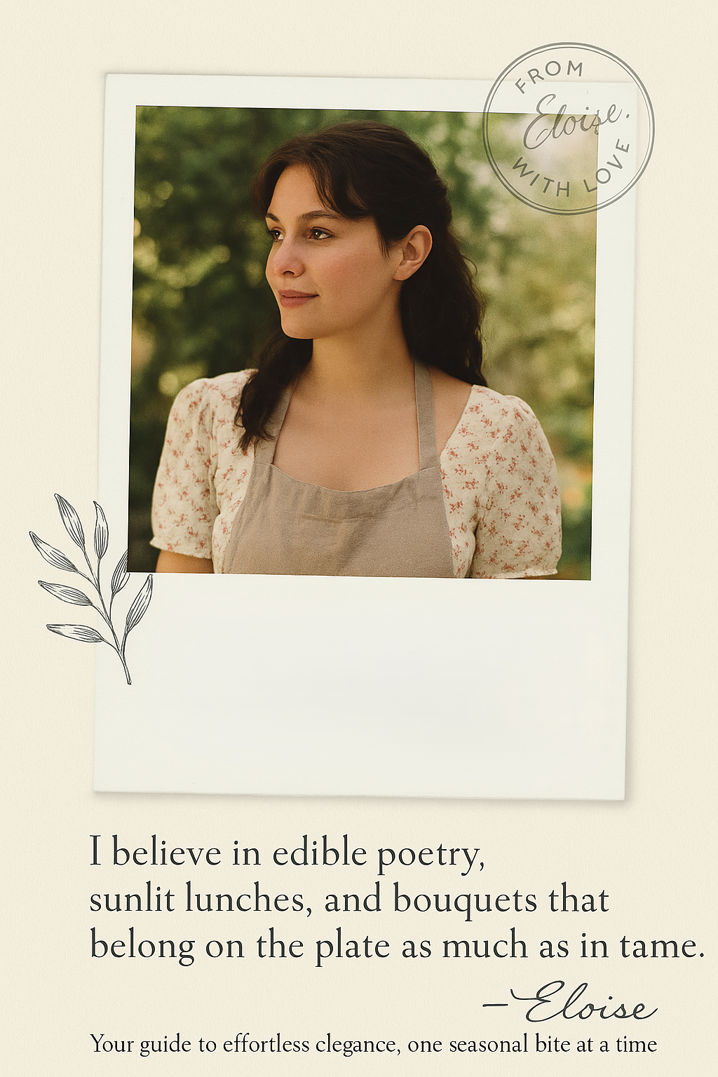 Sepia-toned photo of Eloïse, styled with vintage charm and garden beauty