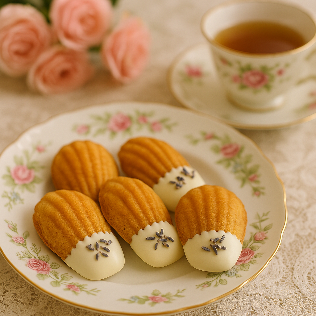 Lavender madeleines with honey and white chocolate