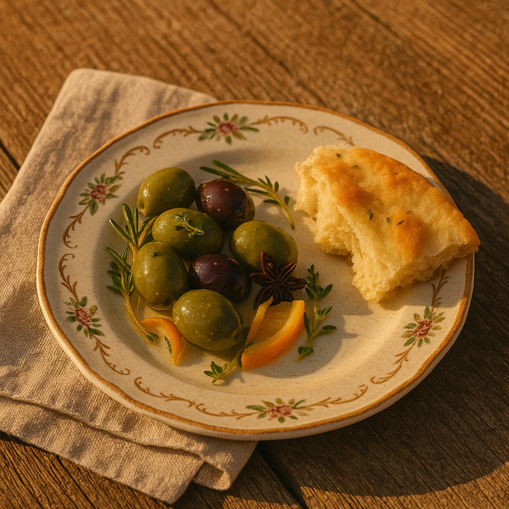 Marinated green and Kalamata olives with citrus zest and herbs in a rustic serving dish, sunlit and ready to enjoy.