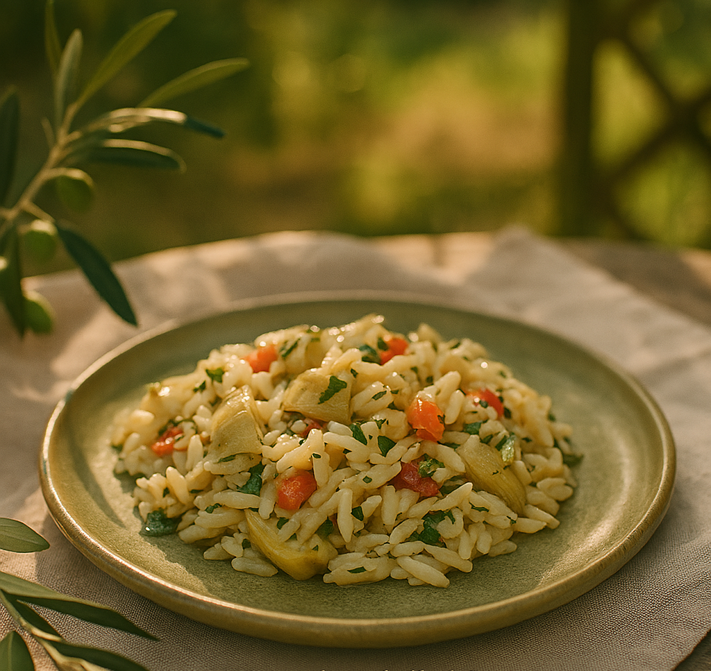  Orzo en Provence Salad with artichokes, peppers, lemon, and Dijon vinaigrette.