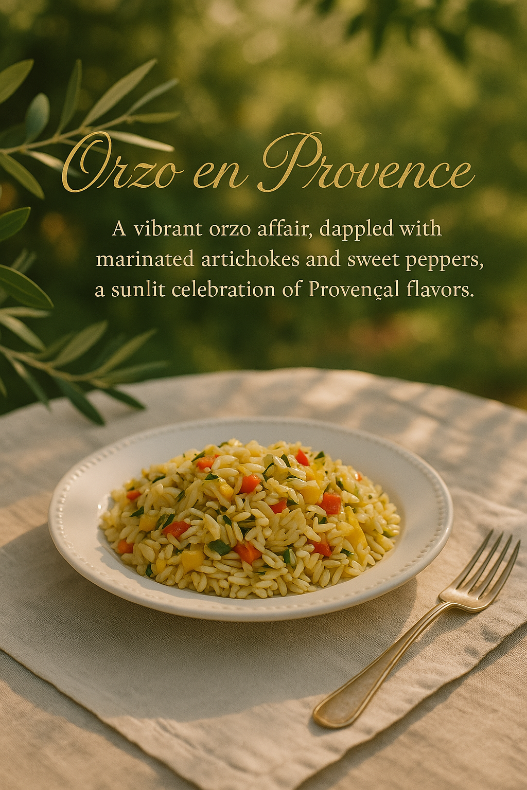 Orzo en Provence Salad with artichokes, peppers, lemon, and Dijon vinaigrette.