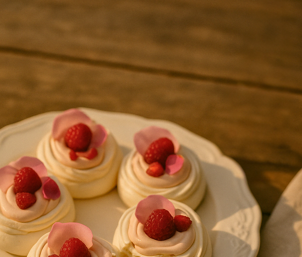 Mini pavlovas topped with rose cream, fresh raspberries, and pink rose petals, styled on a white plate beside a lit taper candle.