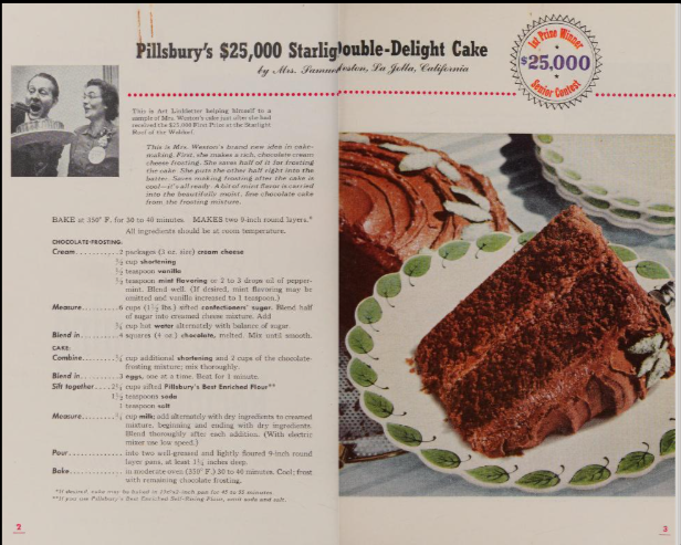 A 1950s chocolate cake recipe from Pillsbury’s $25,000 Bake-Off contest, featuring a layered cream cheese chocolate cake with glossy icing and a vintage photo of the winner.