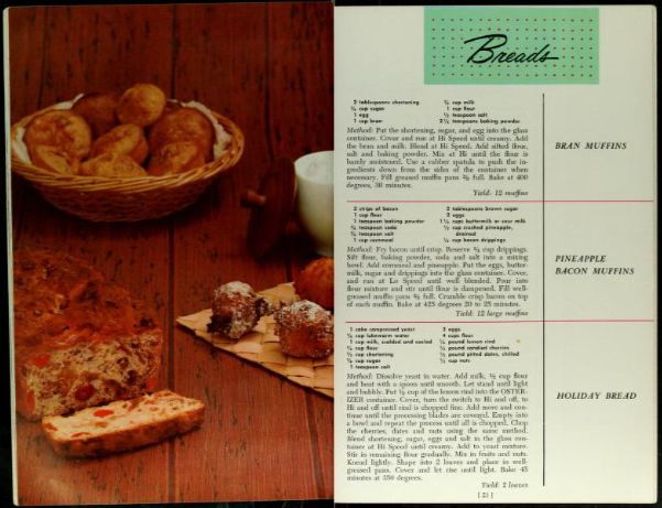 A vintage muffin recipe from the 1955 Deluxe Osterizer Recipes booklet, blending crushed pineapple and bacon for a sweet-savory breakfast treat.