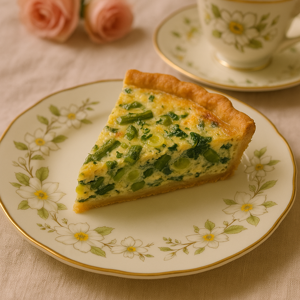 Spring garden quiche with peas and asparagus
