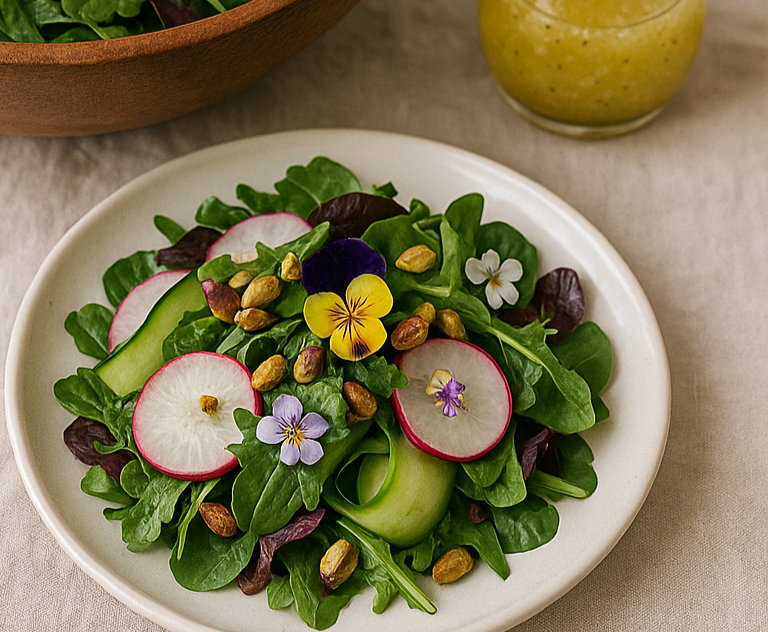 A spring salad with baby greens, radish, cucumber, and edible flowers served with champagne vinaigrette on a white ceramic plate.