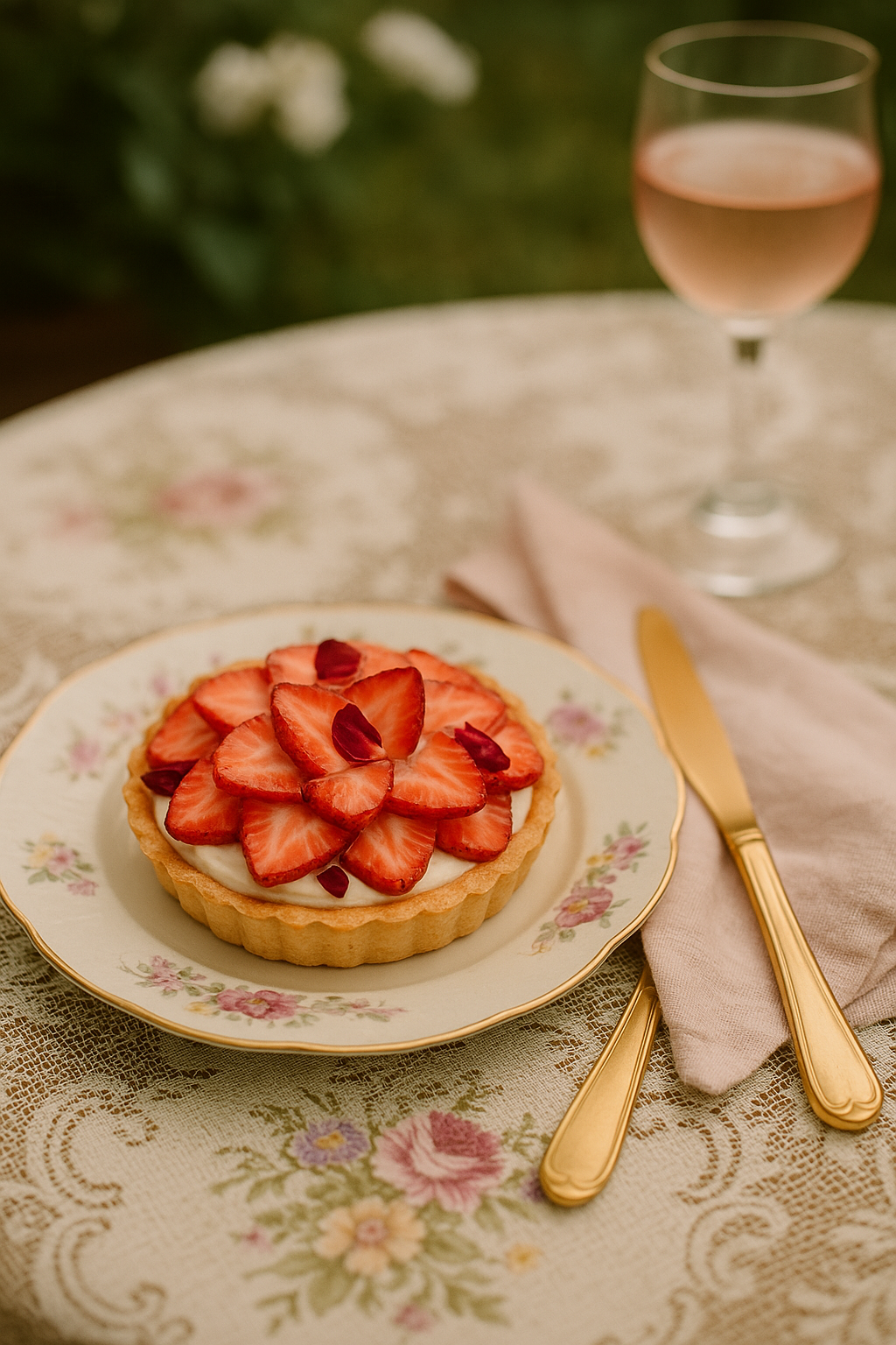 Strawberry tartlette with mascarpone and rose glaze