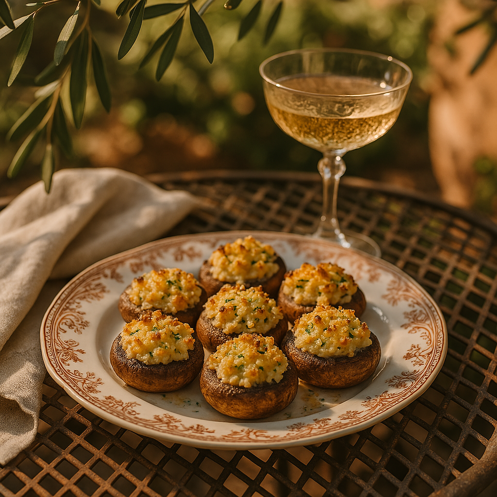 Illustrated recipe card for crab-stuffed mushrooms with Parmesan, cream cheese, herbs, and golden breadcrumbs.