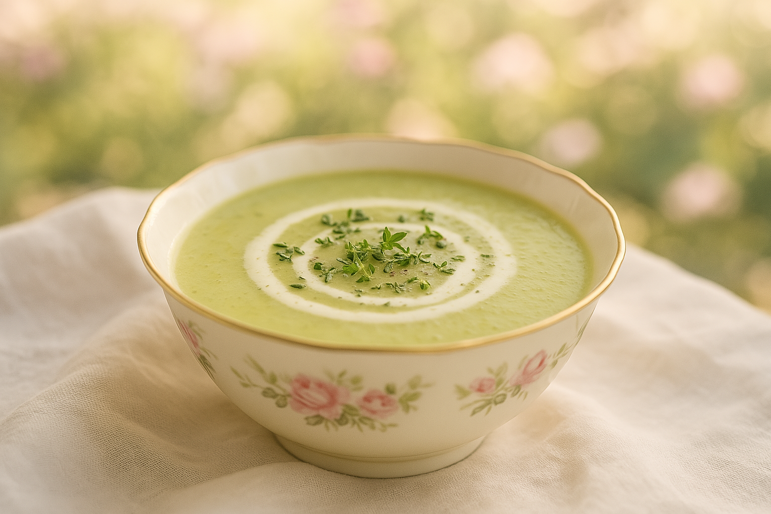 Green spring garden soup with herbs and leeks