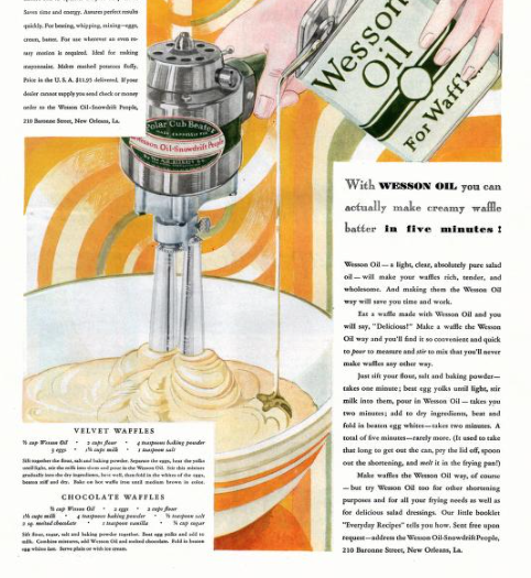 1930s vintage recipe ad for Velvety Waffles and Chocolate Waffles made with Wesson Oil, featured in McCall’s Magazine with illustrated waffle batter.
