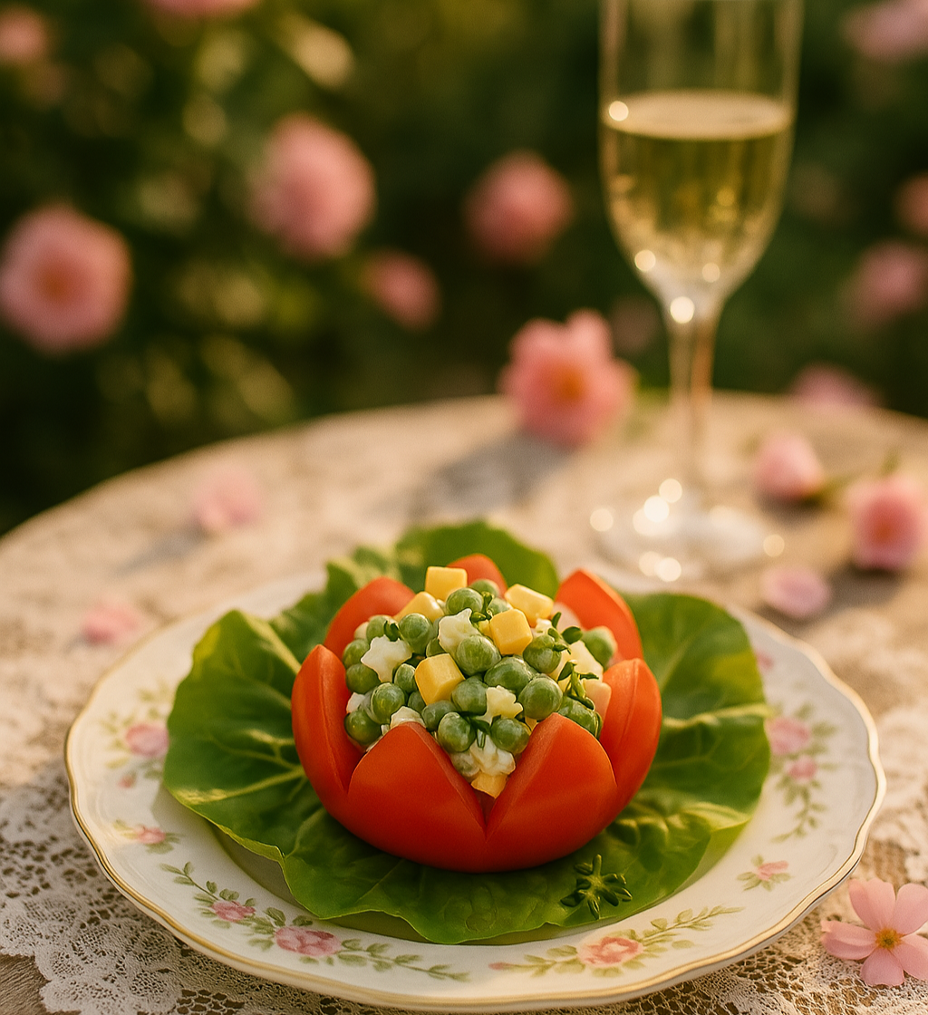 Tomato blossom salad filled with spring peas and herbs