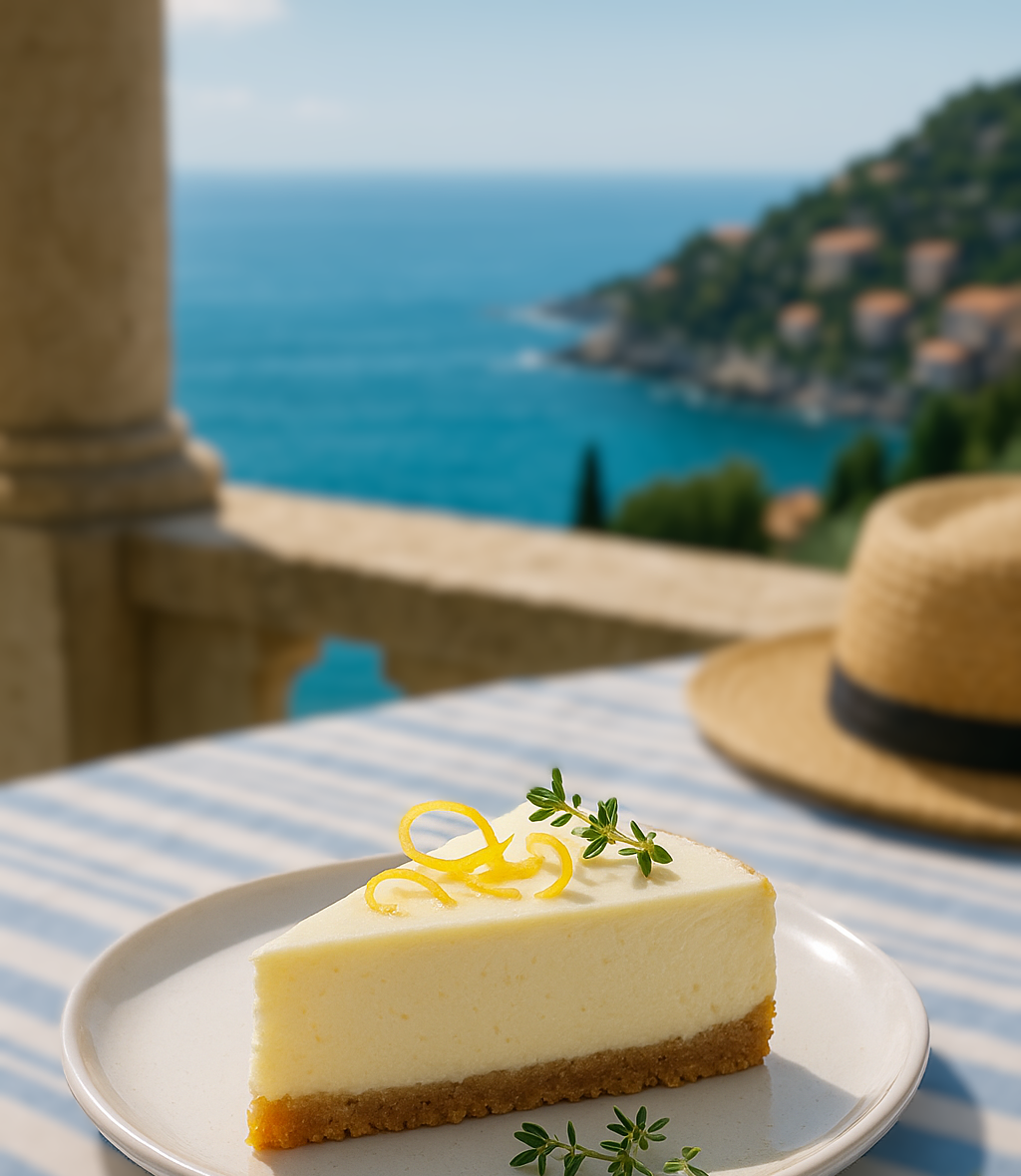 Côte d’Azur Citrus Cheesecake slice on a ceramic plate, garnished with lemon zest and thyme, beside a glass of sparkling rosé on a sunlit terrace table.