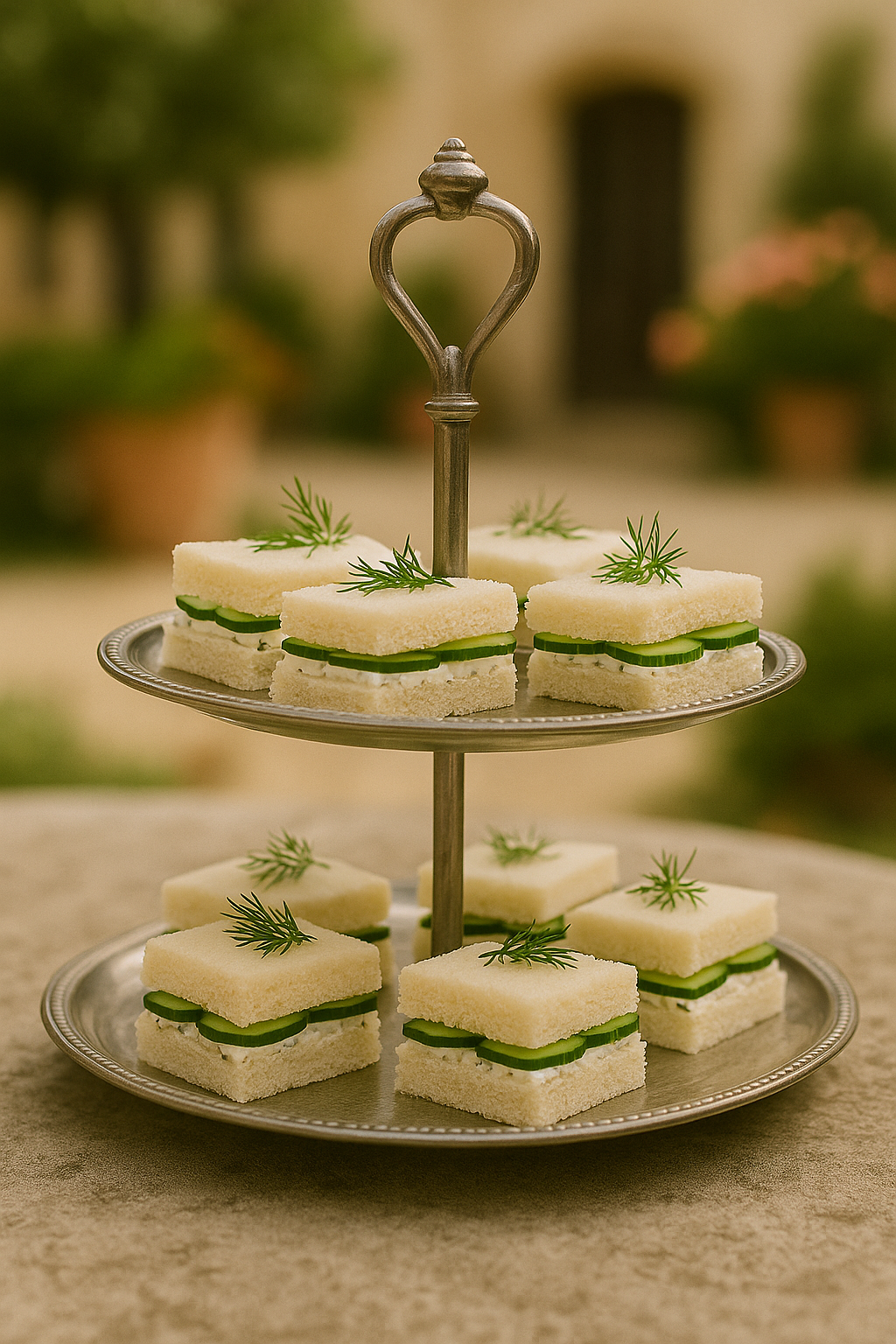 Cucumber tea sandwiches on a vintage silver tiered tray, layered with cream cheese, herbs, and fresh cucumber slices, garnished with dill.