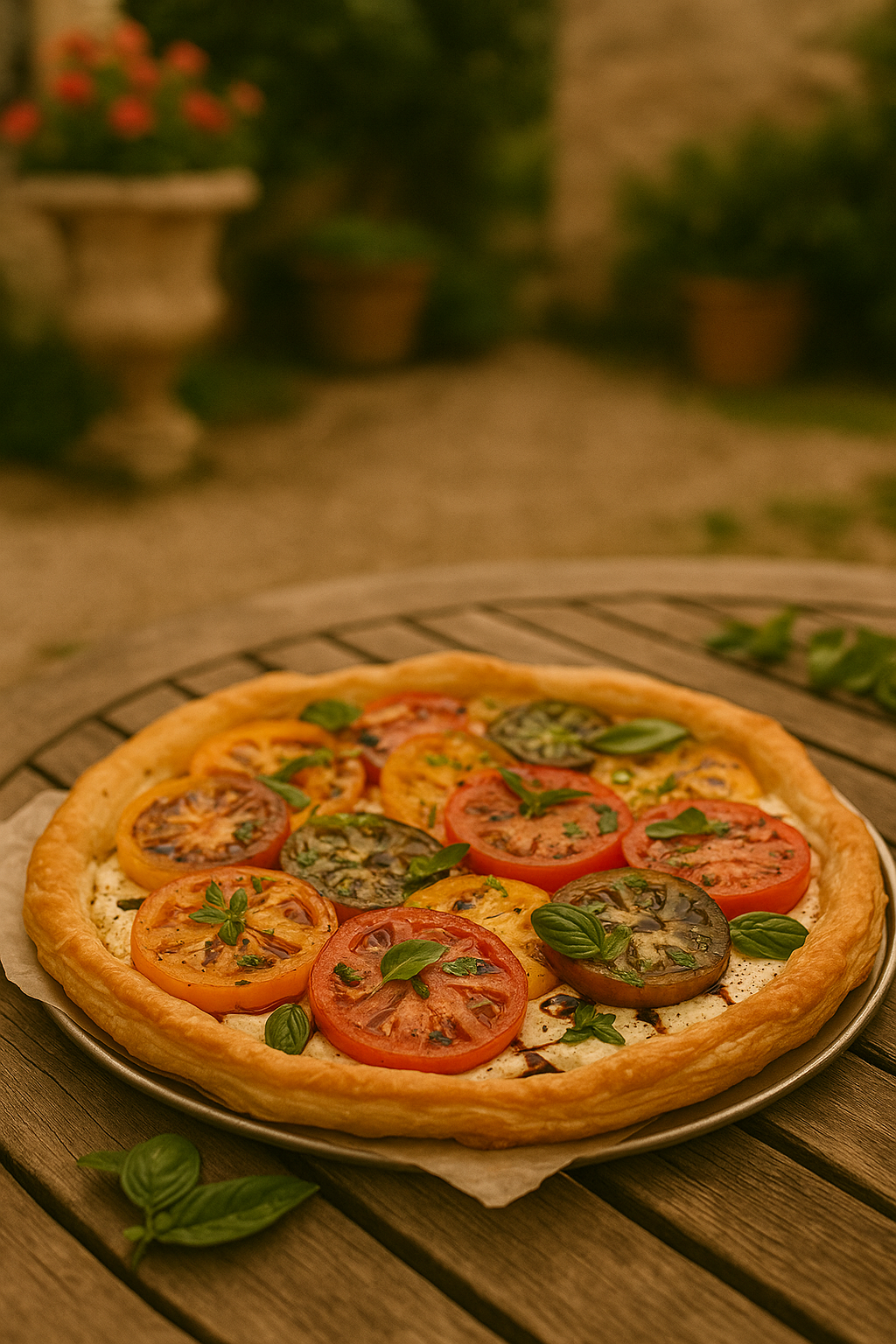 Heirloom tomato tart with a golden puff pastry crust, layered with colorful tomato slices and fresh basil, served on a rustic wood table in a garden setting.