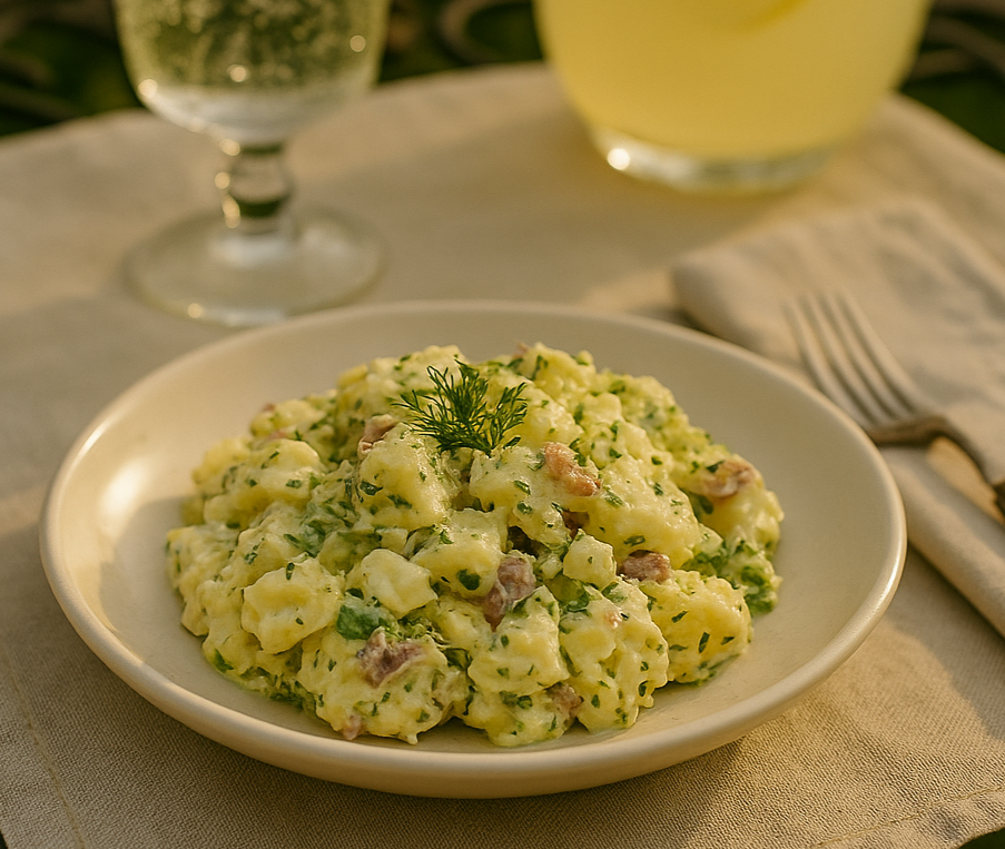 Provençal herbed potato salad with chopped eggs, bacon, fresh parsley, and dill, served in a shallow cream bowl with a vintage fork and linen napkin.