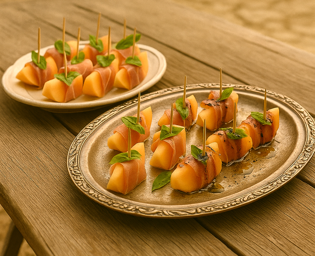 Prosciutto-wrapped melon bites with basil leaves on an elegant platter.