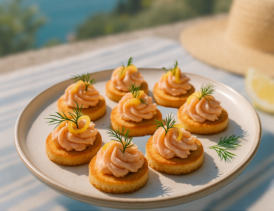 Smoked salmon and dill mousse piped onto round toast canapés, garnished with lemon zest and fresh dill, served on a garden table under soft sunlight.