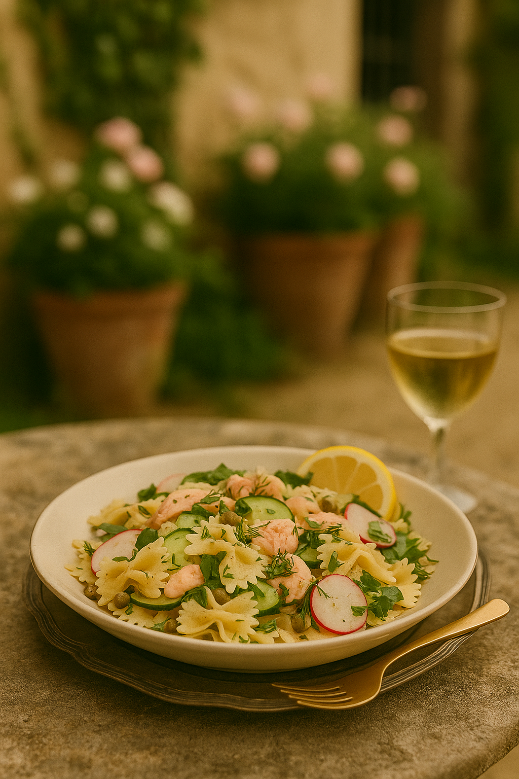 Cold pasta salad with flaked salmon, fresh dill, capers, cucumber, and red onion served in a white bowl, garnished with lemon wedges and herbs.