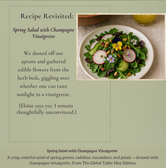 Spring Salad with Champagne Vinaigrette featuring edible flowers, radishes, cucumbers, and herbs from the May garden