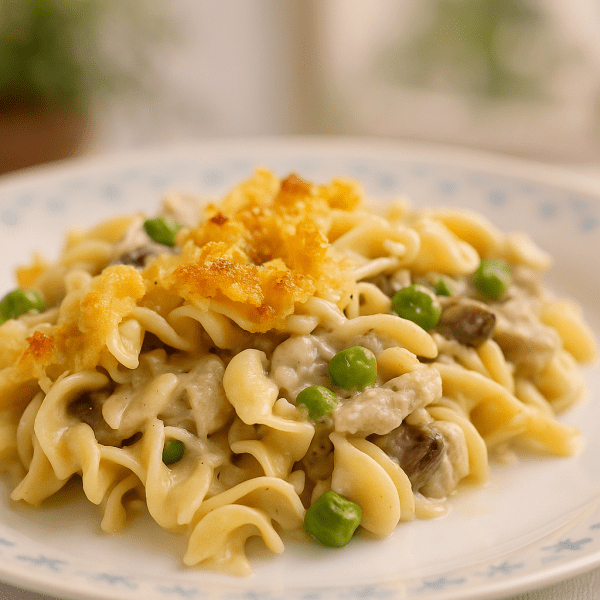 A golden-baked tuna casserole topped with melted cheese and crispy panko, served in a white ceramic baking dish with parsley garnish.