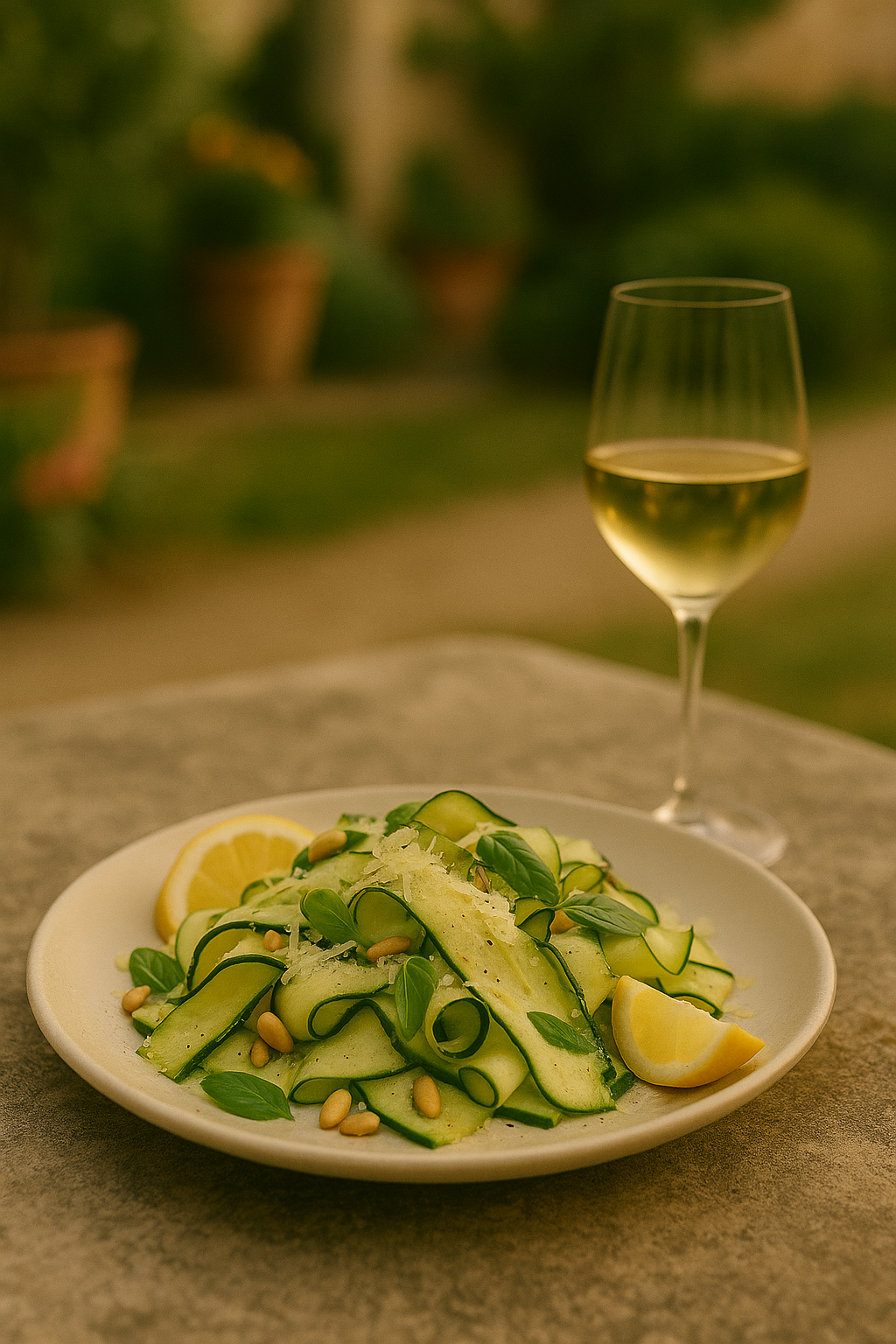 Zucchini ribbon salad with lemon wedges, pine nuts, basil, and Parmesan on a white plate, served beside a glass of white wine on a rustic garden table.