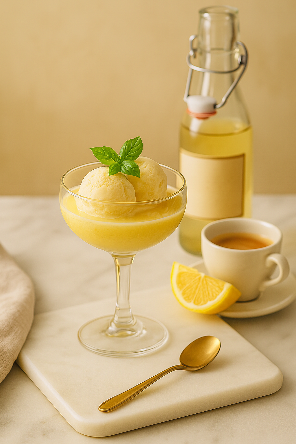 Affogato al Limoncello served in a vintage coupe glass with whipped cream and lemon zest, alongside a bottle of limoncello and espresso.