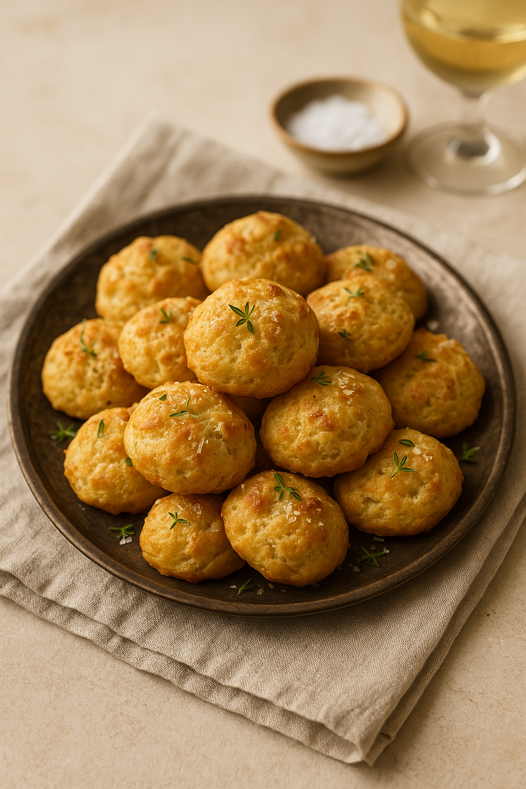 Golden cheese and herb gougères on an antique plate with thyme, served beside sea salt and white wine.