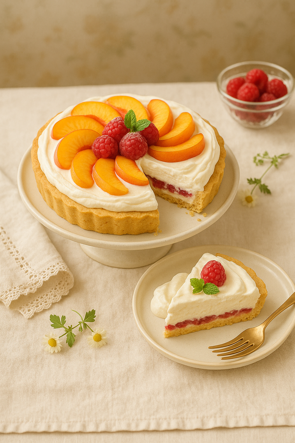 Peach Melba Cream Pie topped with whipped cream, fresh peach slices, and raspberries on a graham-Biscoff crust.