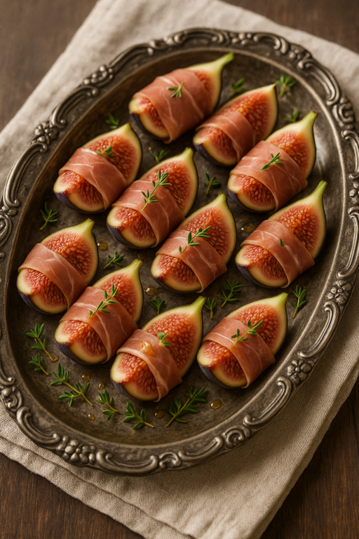Prosciutto-wrapped fig halves drizzled with honey and garnished with rosemary on a vintage plate.