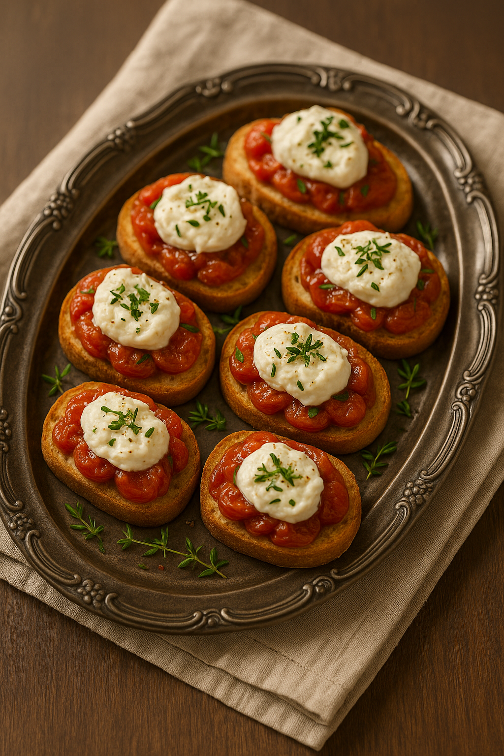 Slow-roasted tomato confit crostini topped with fresh herbs and creamy burrata on a rustic serving board.