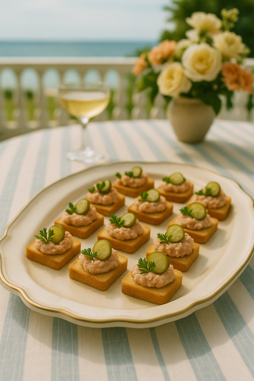 Deviled ham canapés served on a mid-century porceline tray with pickle garnish.