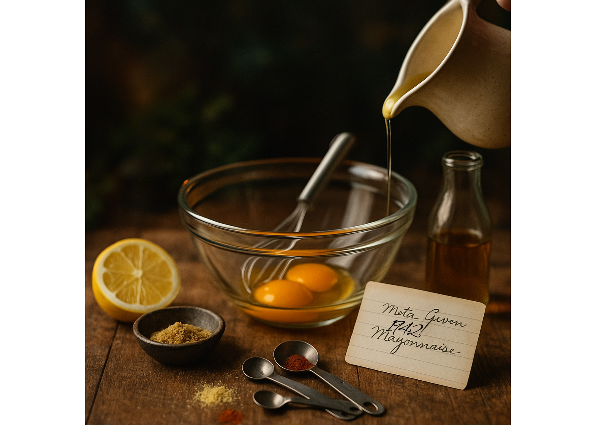 Ingredients for 1942 Meta Given mayonnaise — egg yolks in bowl with whisk, oil, dry mustard, paprika, lemon, and cider vinegar on a wooden board; candle bokeh.