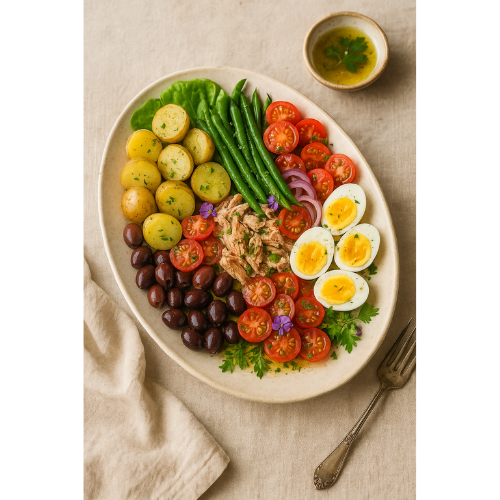 Salade Niçoise with tuna, eggs, olives, tomatoes, and green beans arranged on a coastal-inspired platter.