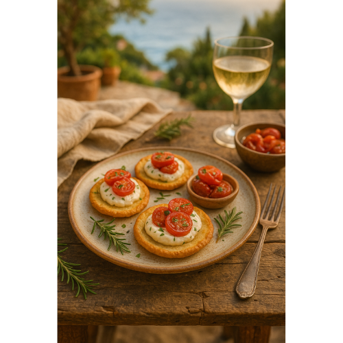 Crisp chickpea socca squares topped with herbed crème fraîche and tomato confit.