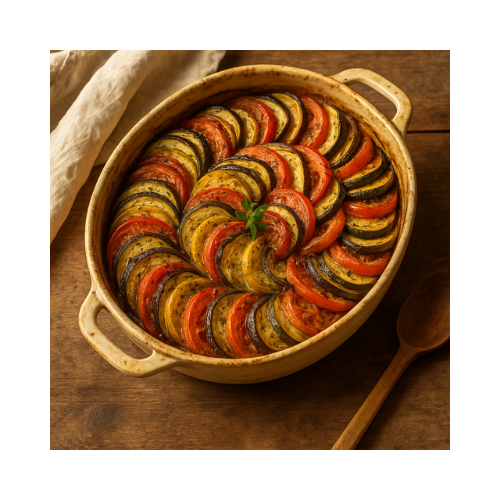 Layered Provençal vegetable tian with zucchini, eggplant, and tomatoes baked until tender.