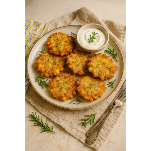 Crispy golden corn cakes flecked with fresh rosemary on a vintage plate.