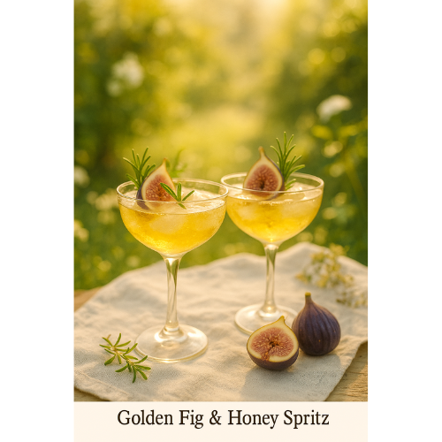 Golden fig and honey spritz served in a vintage coupe with thyme.