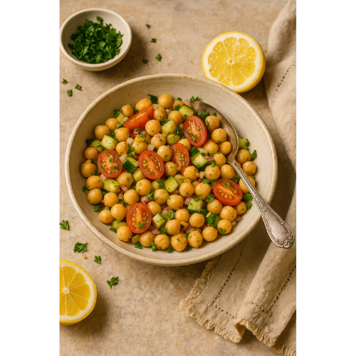Chickpea salad with lemon, herbs, and garden greens styled for a summer picnic.