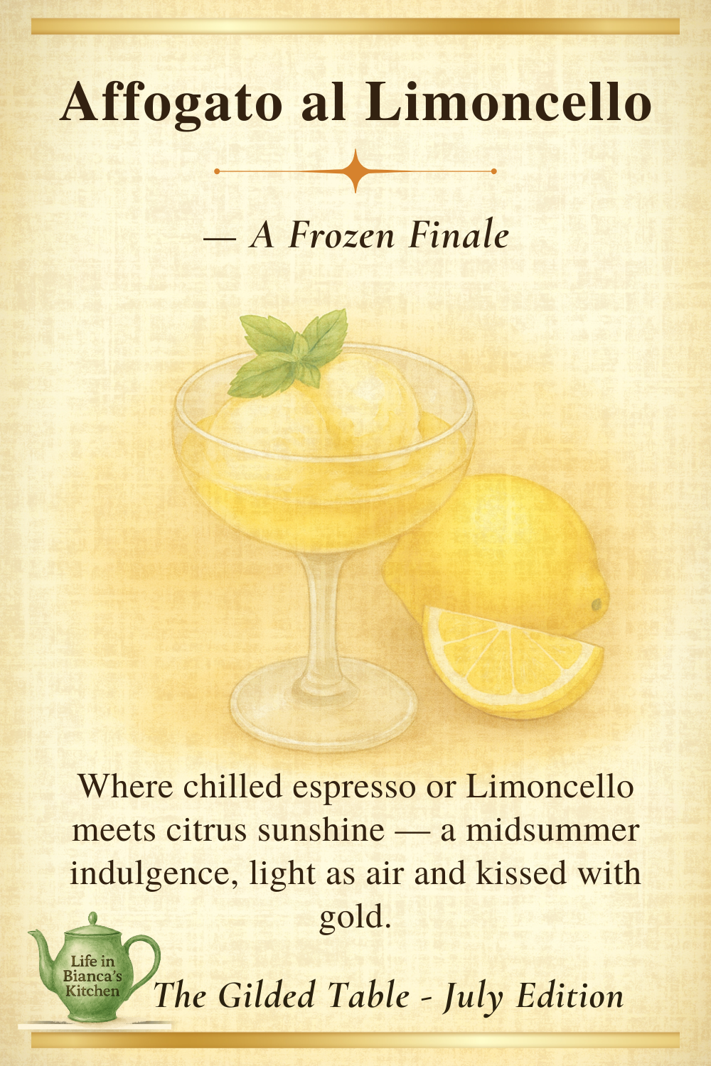 Watercolor image of Affogato al Limoncello with a lemon wedge and espresso.