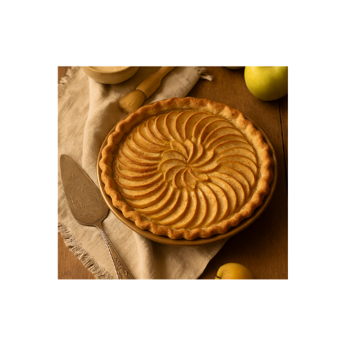 Apple-lemon chess pie with a glossy, custardy filling and a dusting of cinnamon.