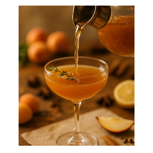 Warm apricot nectar cocktail in a vintage mug with cinnamon stick and citrus peel.