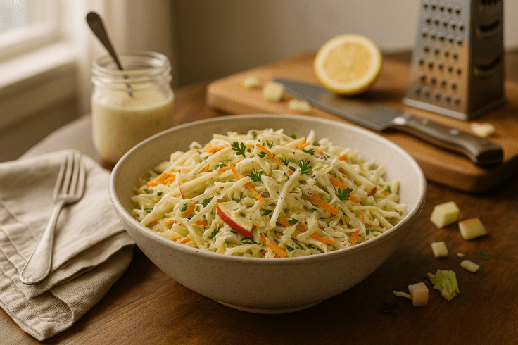 Home kitchen scene with a ceramic bowl of cabbage, carrot & apple salad on a wooden board; soft window light and cozy linens.