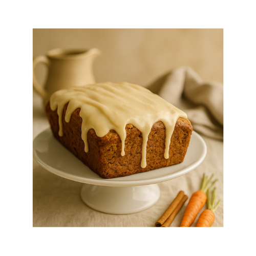 Rustic carrot cake loaf draped with maple cream cheese glaze, sliced to show tender crumb.